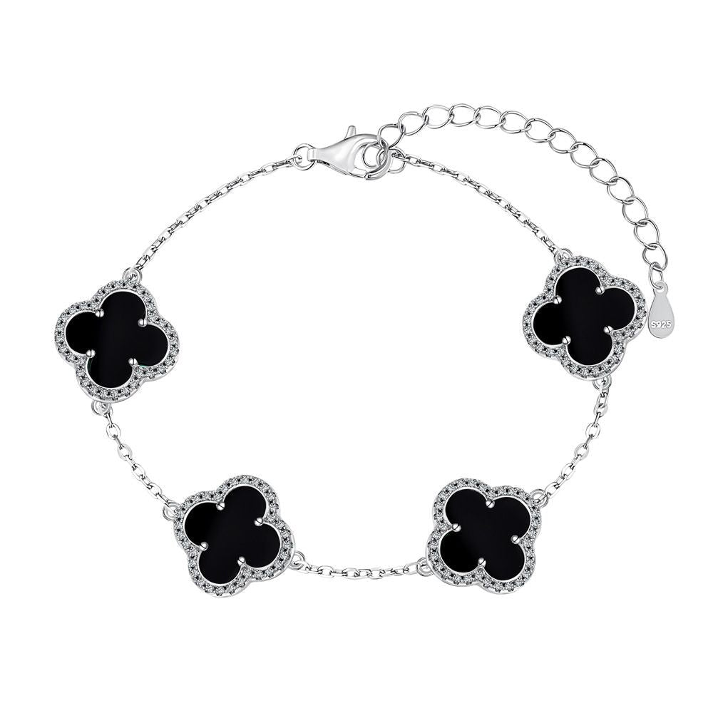 Grande Luxe Clover Bracelet in Black/Green/White Shell CZ 5A 925 Sterling Silver