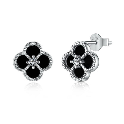 Clover Studs 925 Sterling Silver (Rhodium Plated) (Black/White)