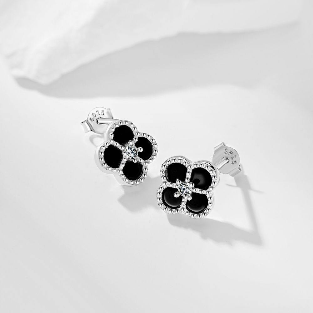 Clover Studs 925 Sterling Silver (Rhodium Plated) (Black/White)