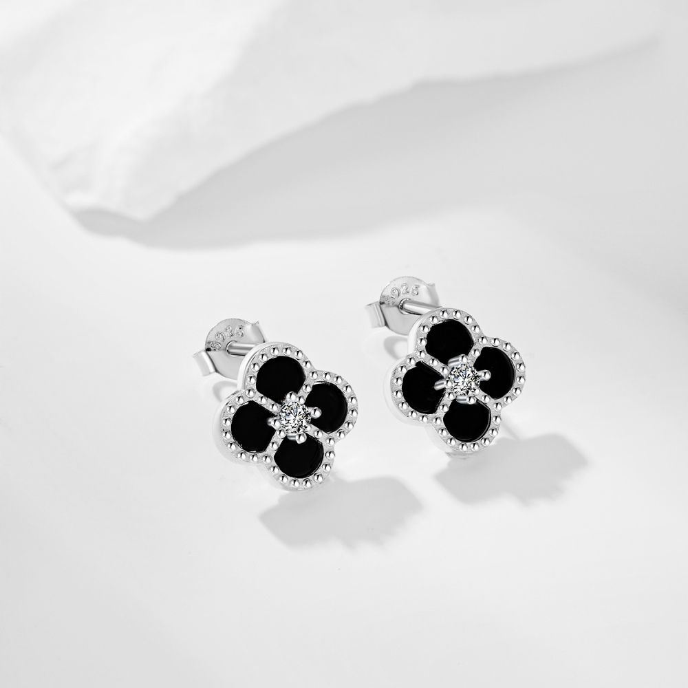 Clover Studs 925 Sterling Silver (Rhodium Plated) (Black/White)